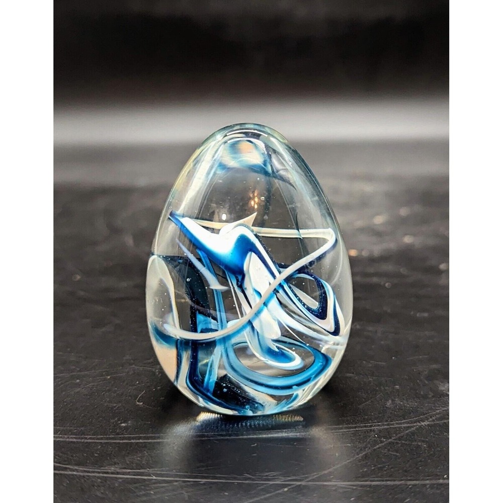 Vintage Art Glass Free Form Blue White Swirl Egg Paperweight 3"